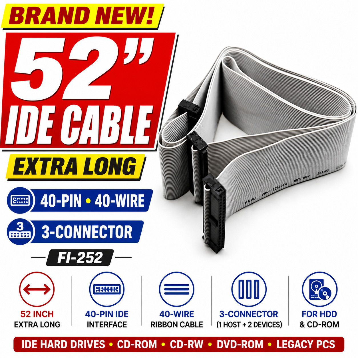 Extra Long 52" IDE Ribbon Cable 40-Pin 40-Wire 3-Connector PATA HDD CD-ROM