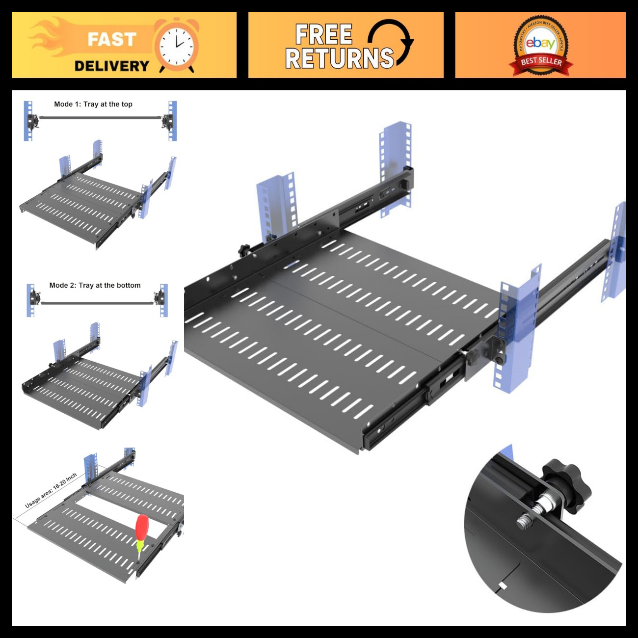 Sliding 4-Post Vented Rack Mount Tray for 19 Inch Racks, 1U, 14.6-22.3” Depth