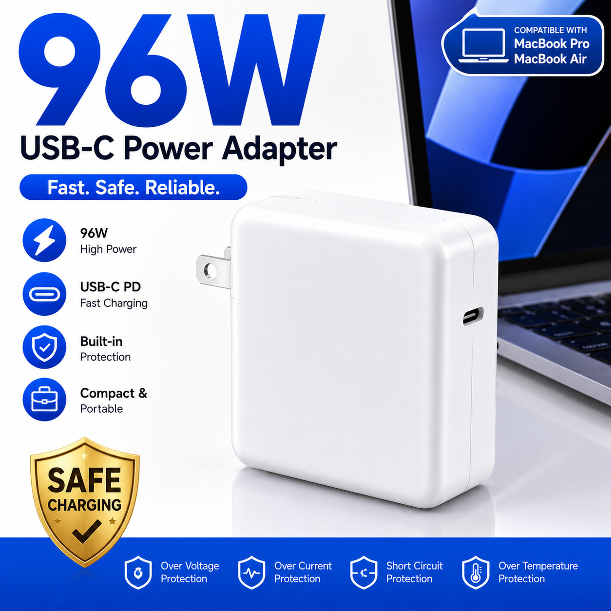 96W USB-C Power Adapter Charger for MacBook Pro 16 15 14 Air PD Fast Charging