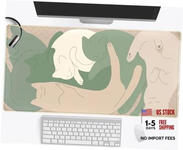 Cute Sleeping Cats Desk Mat Matcha Green Desk Pad, Minimalist Boho Cartoon Cat