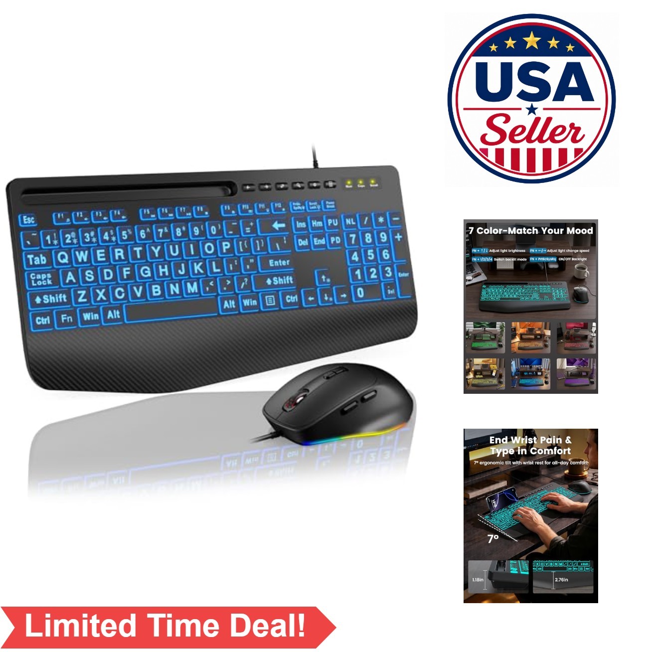 Wired Large Print Backlit Keyboard and Mouse Combo USB Palm Rest RGB 112 Keys