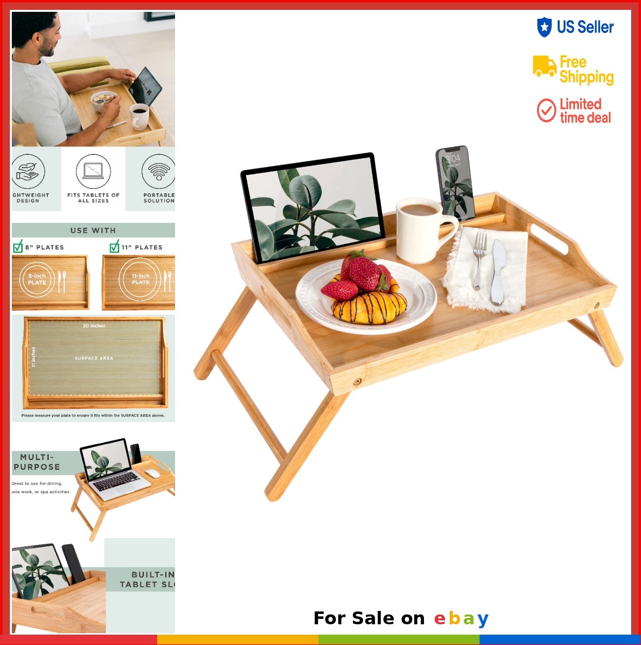 Bamboo Media Bed Tray Extra Large Laptop Desk with Phone Holder Tablet Stand