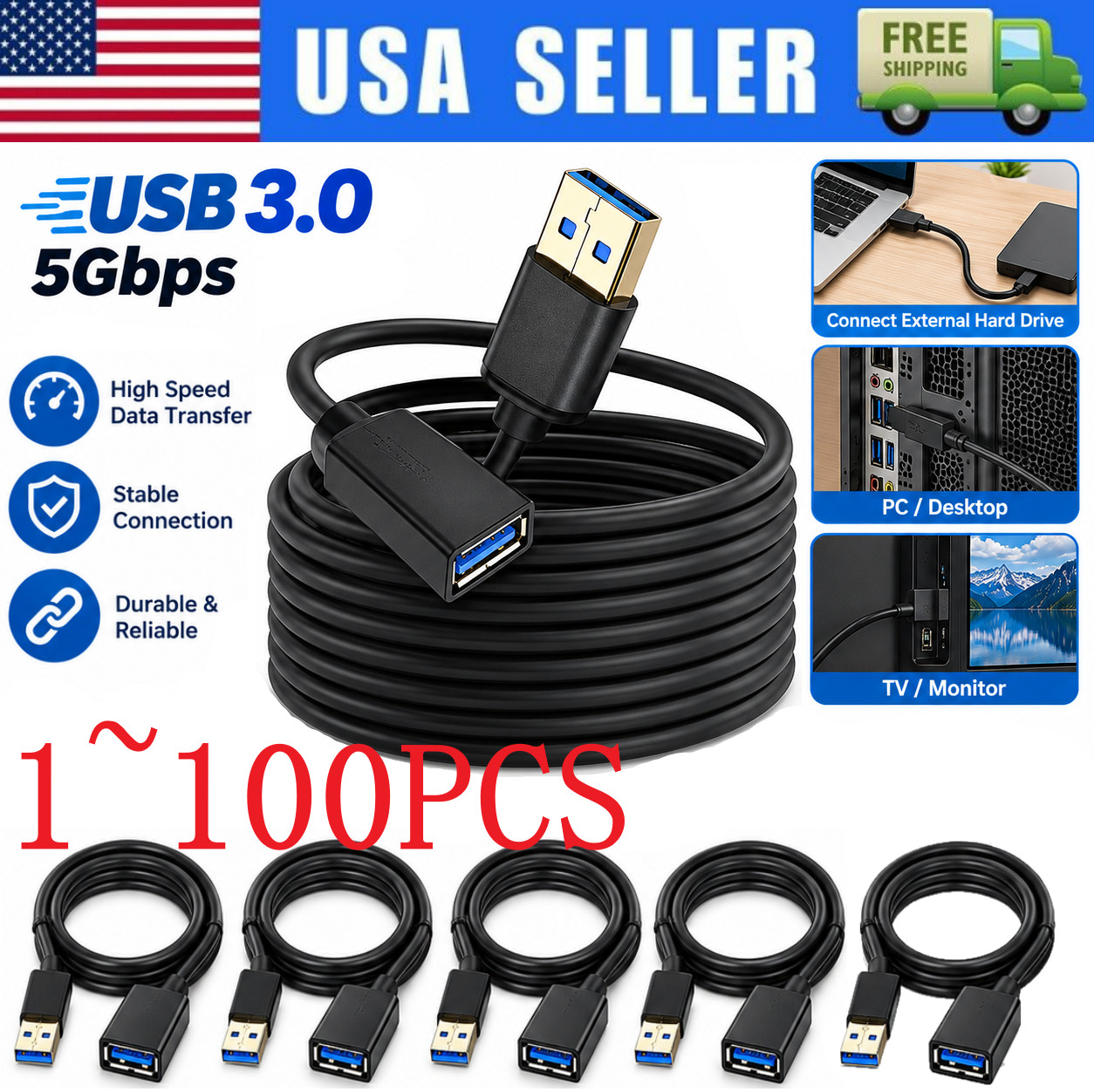 USB3.0 Extension Cable High Speed Extender Cord Adapter TypeA Male to Female Lot