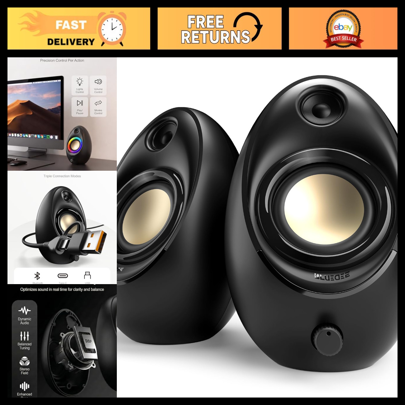 Powerful Bluetooth Computer Speakers, 20W Peak, USB & USB-C, Desktop Audio Syste
