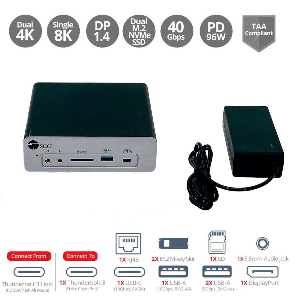 SIIG 8K Thunderbolt3 Dock Station for Apple MacBook Air M1 M2 M3chip 13 15w/ PSU