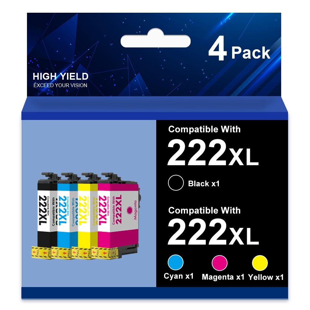 4Pack BCMY 222XL Replacement for Epson Ink Cartridge for WF-2960 XP-5200 Printer