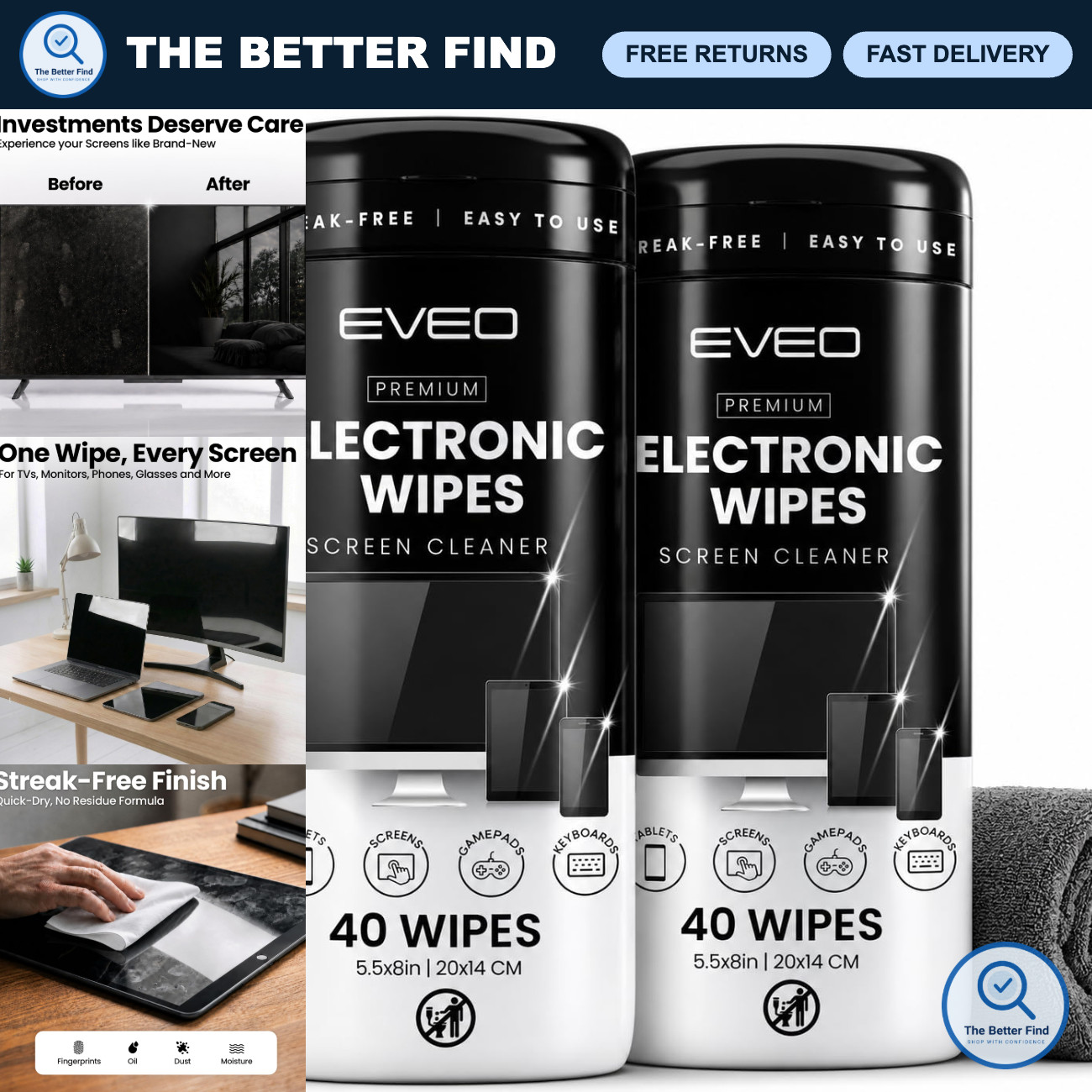 Streak-Free Electronic Screen Cleaner Wipes 80 Count - TV, Laptop, iPhone, iPad,