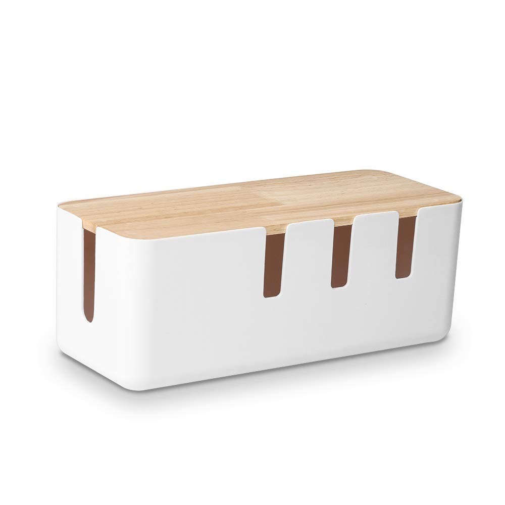 Cable Management Box - Wood Lid Organizer for Desk, TV, Computer, Cords & Power