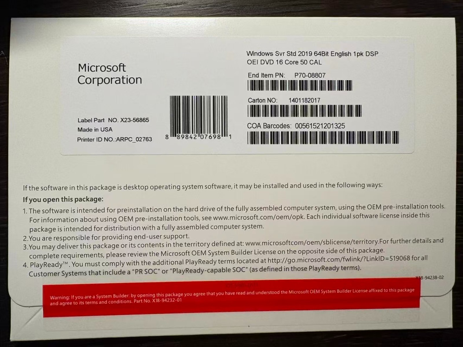 Microsoft Windows Server 2019 Standard 64Bit 16 Core-50 CALs DVD With Key&