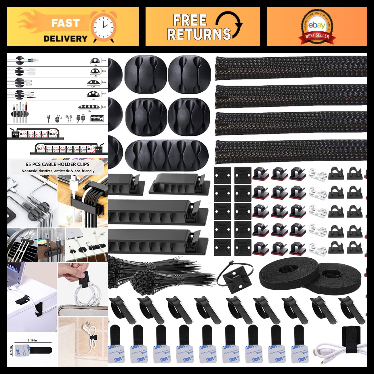 311Pcs Cable Management Organizer Kit - 4 Cable Sleeves, Splitters & Ties