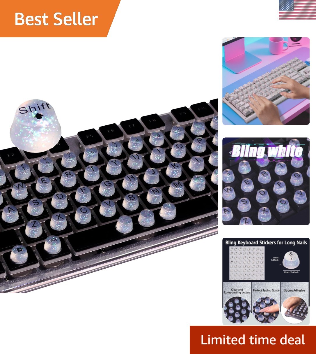 Glitter-Infused Raised Keyboard Stickers - 64 Silicone Keycaps for Long Nails