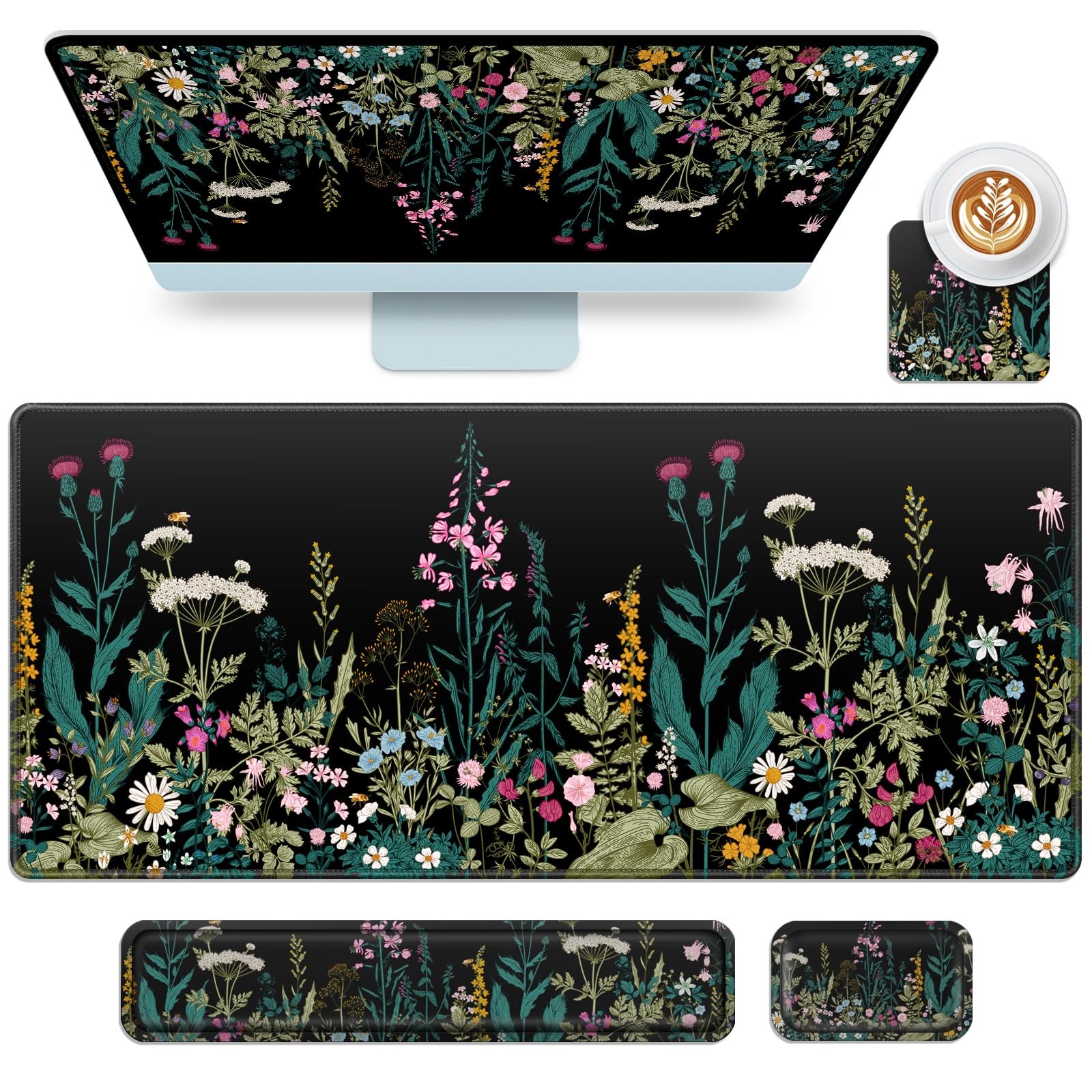 Desk Mat with Wrist Rest, 4-in-1 XXL Large Keyboard and Mouse Pad