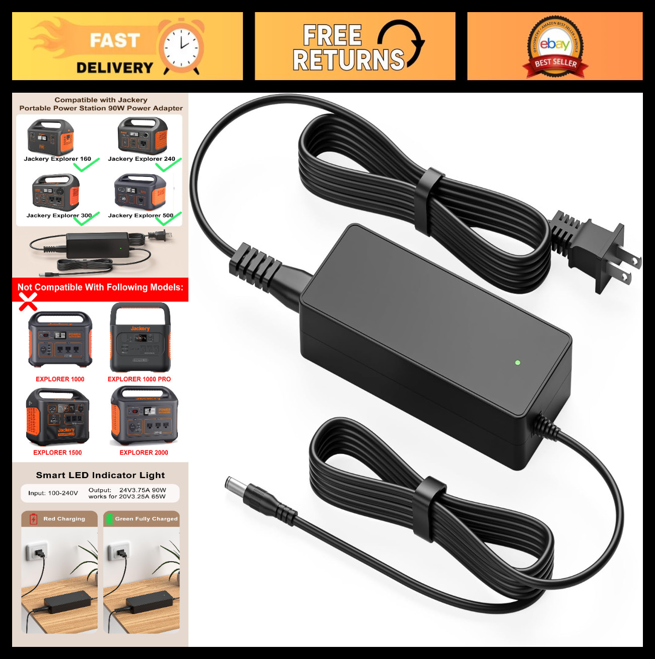 24V 90W AC Adapter Charger for Portable Power Station Solar Generator 160 550