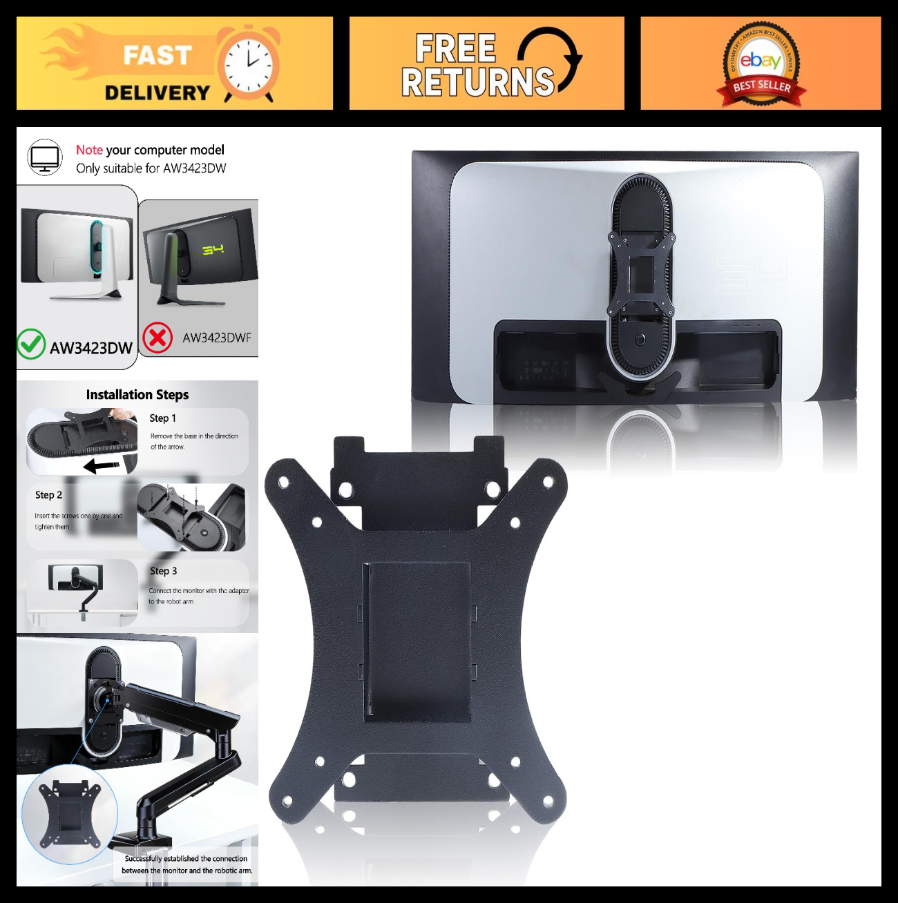 VESA Adapter for 34" Curved Gaming Monitor - Compatible with Alienware AW3423DW