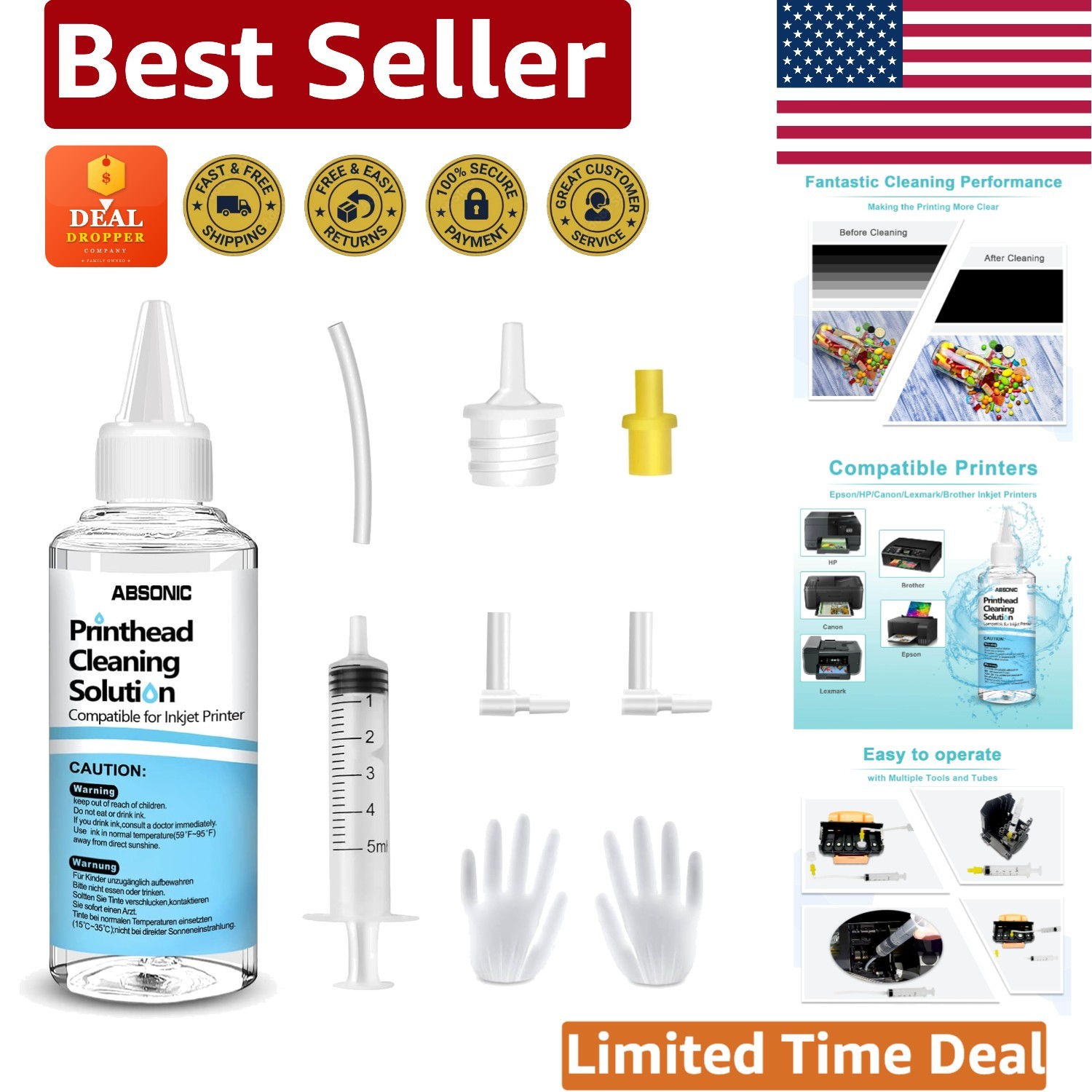 Multi-Compatible Print Head Cleaning Solution 100mL: Unclog for Epson, HP, Canon