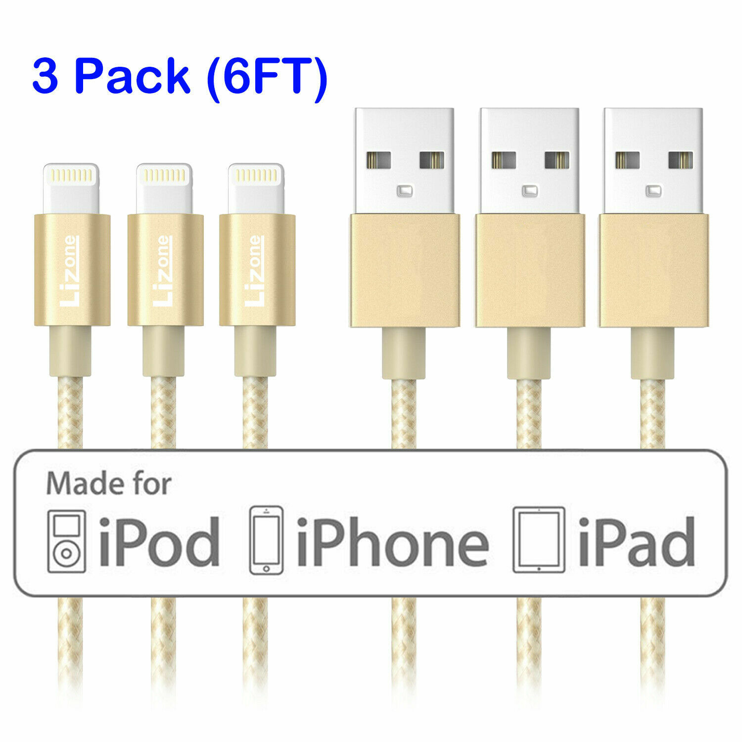 3X Lightning Cable 6Ft iPhone iPad iPod Charger Cord MFi Certified Nylon Gold