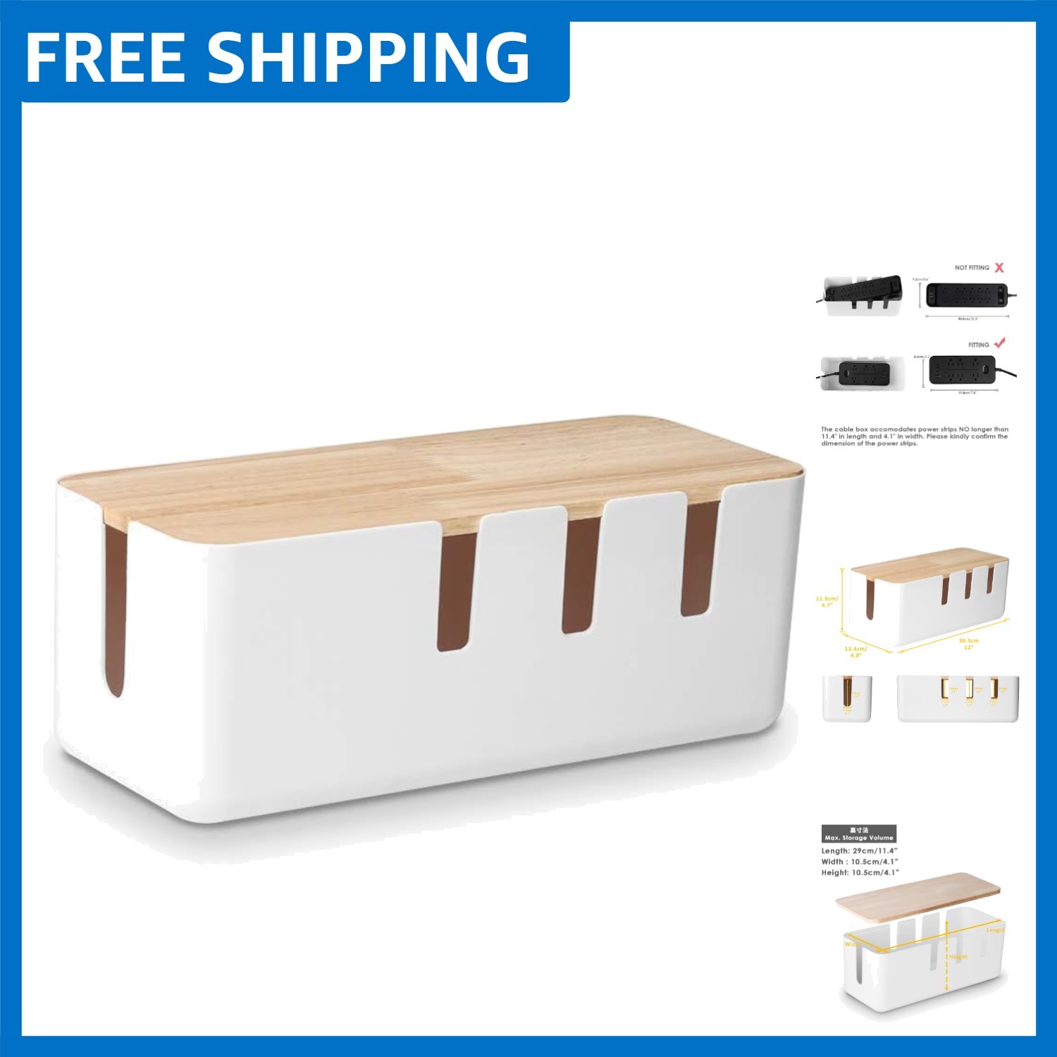 Elegant 12x5 Wooden Cable Management Box - Tidy Wire Organizer for Desk