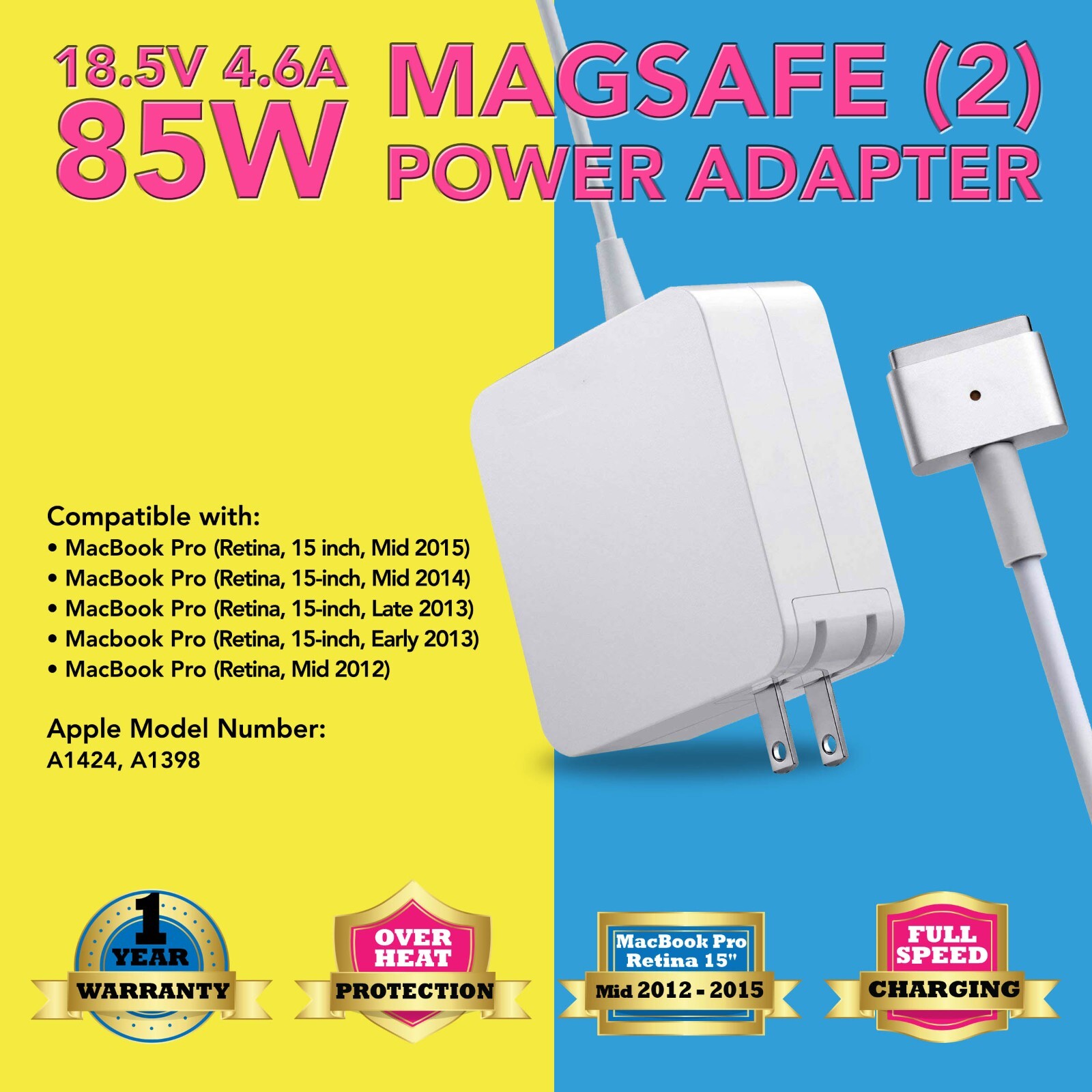 85W Power Adapter Charger for Macbook Pro 13", 15" (mid 2012-mid 2015) T-tip