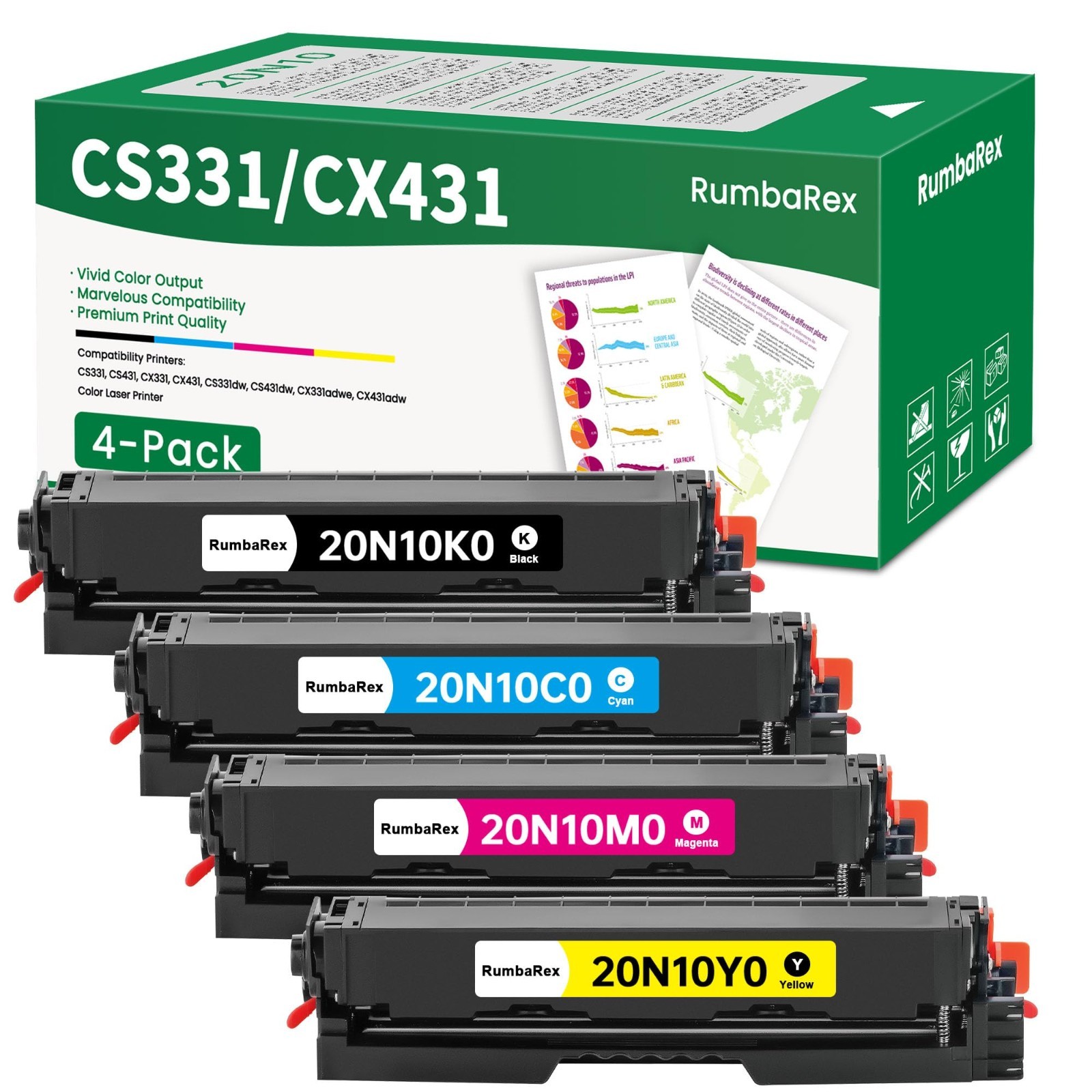 CS331 CX331 CS431 CX431 Toner Cartridges Set 4-Color CMYK 20N10 Lexmark RumbaRex