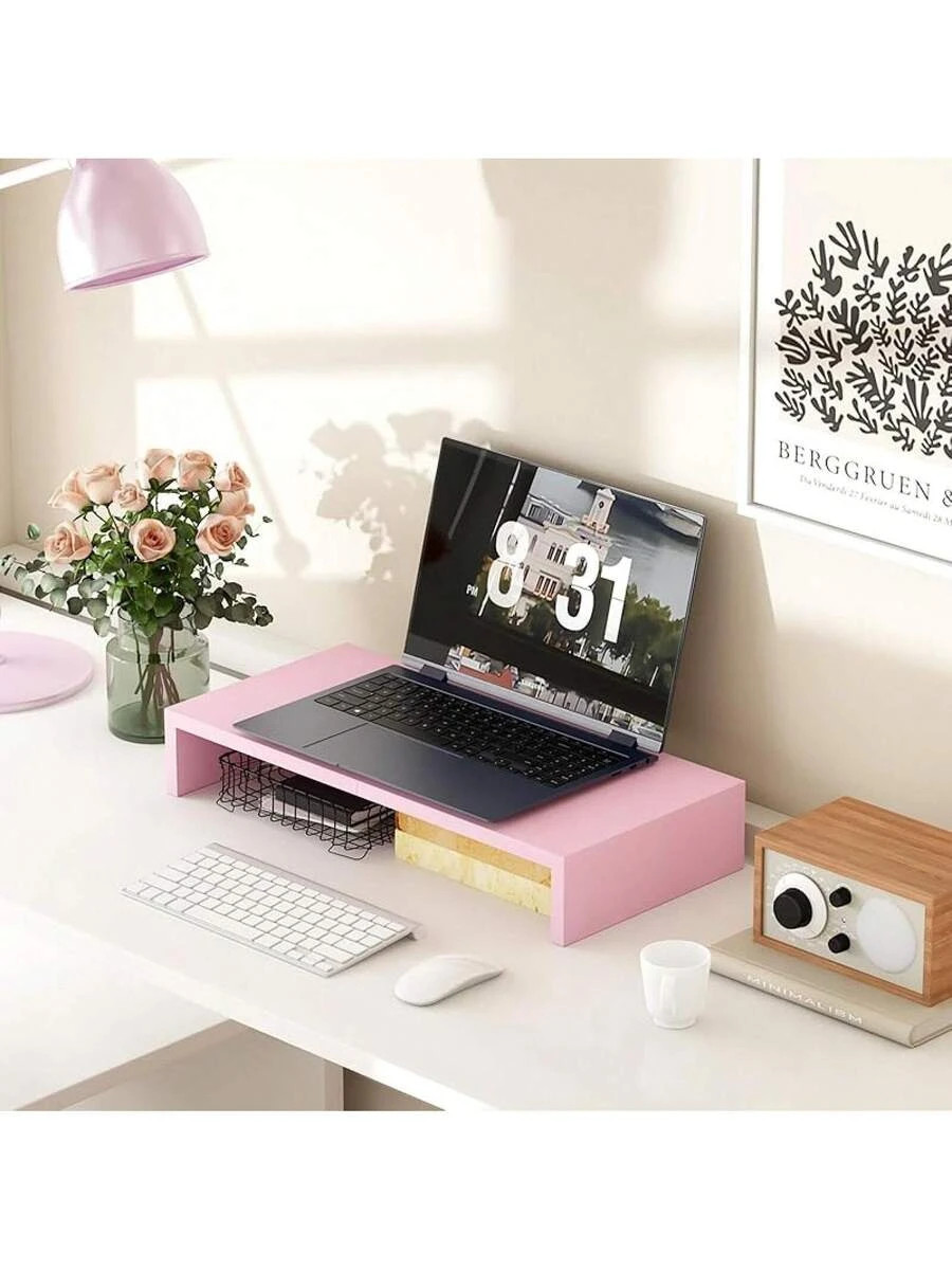 20 Inch White Monitor Stand Riser Wood Desktop PC TV Laptop Printer Storage