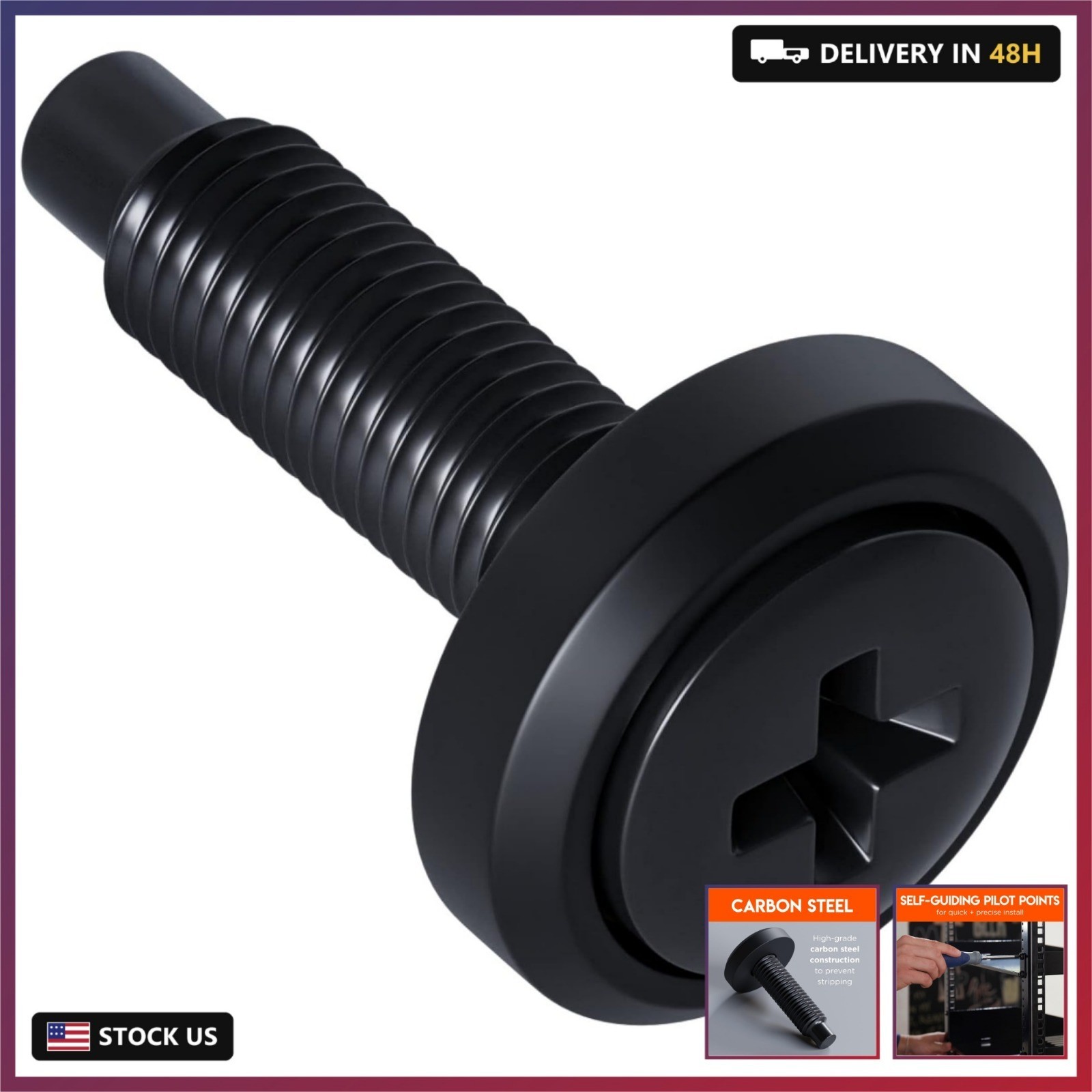 Server Rack Screws 50 Pack - 10/32 Steel Screws with Attached Nylon Washers & Pi