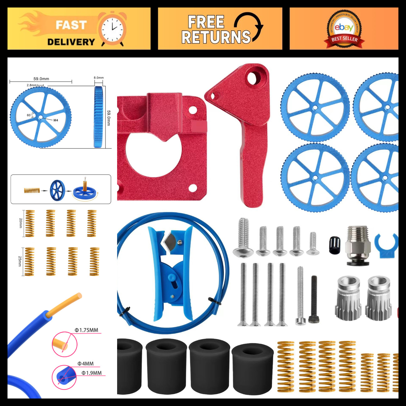 All Metal MK8 Extruder Upgrade Kit, 4 Hand Twist Leveling Nuts & 8 Springs, 1M P