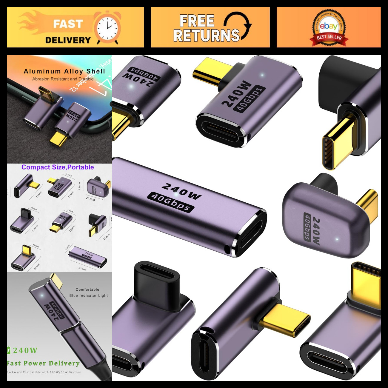 8 Pack USB C Adapter 240W 40Gbps 8K 60Hz Right Angle & Straight Extenders for De
