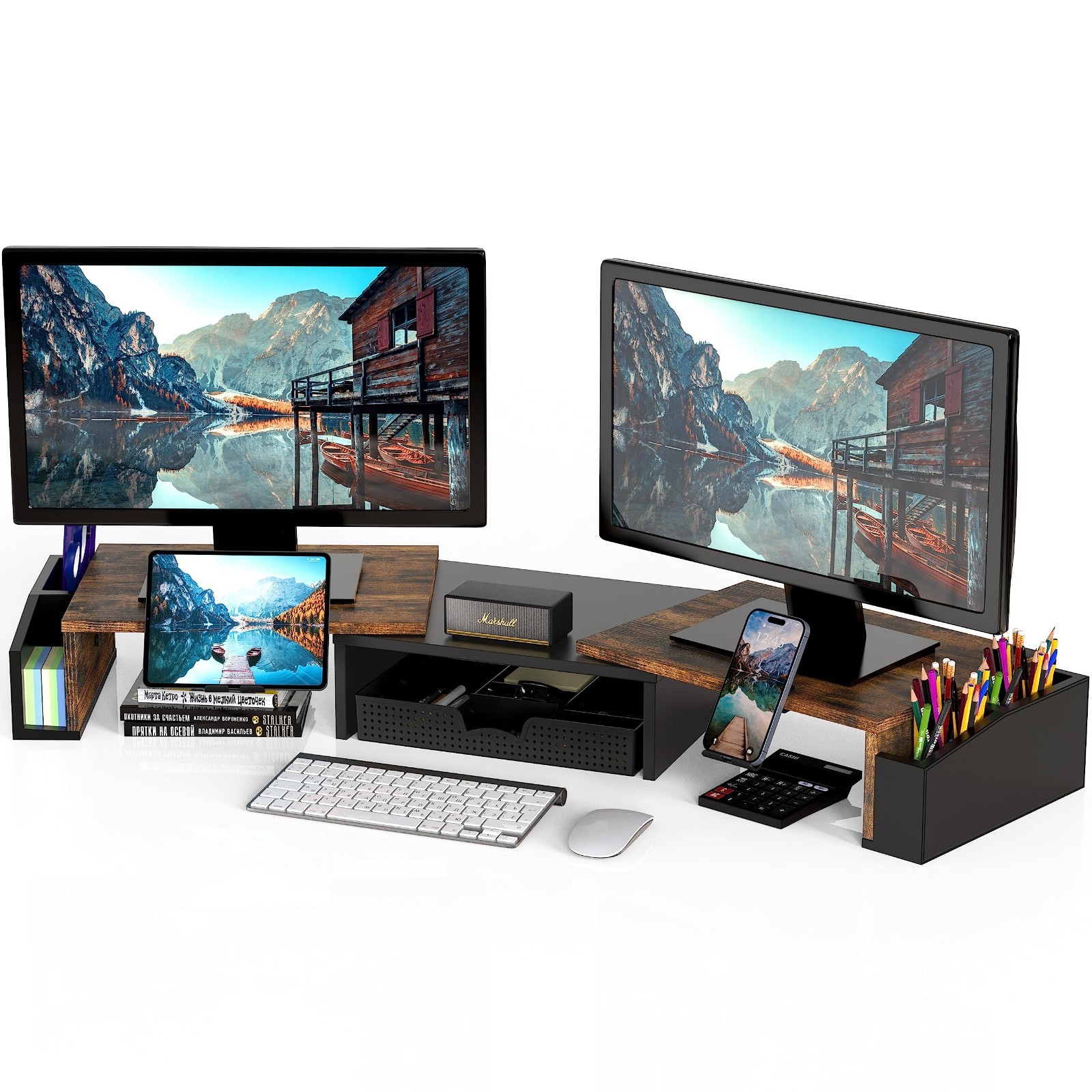Dual Monitor Stand Riser with Drawer - Rustic Brown, Adjustable Height, Space-Sa
