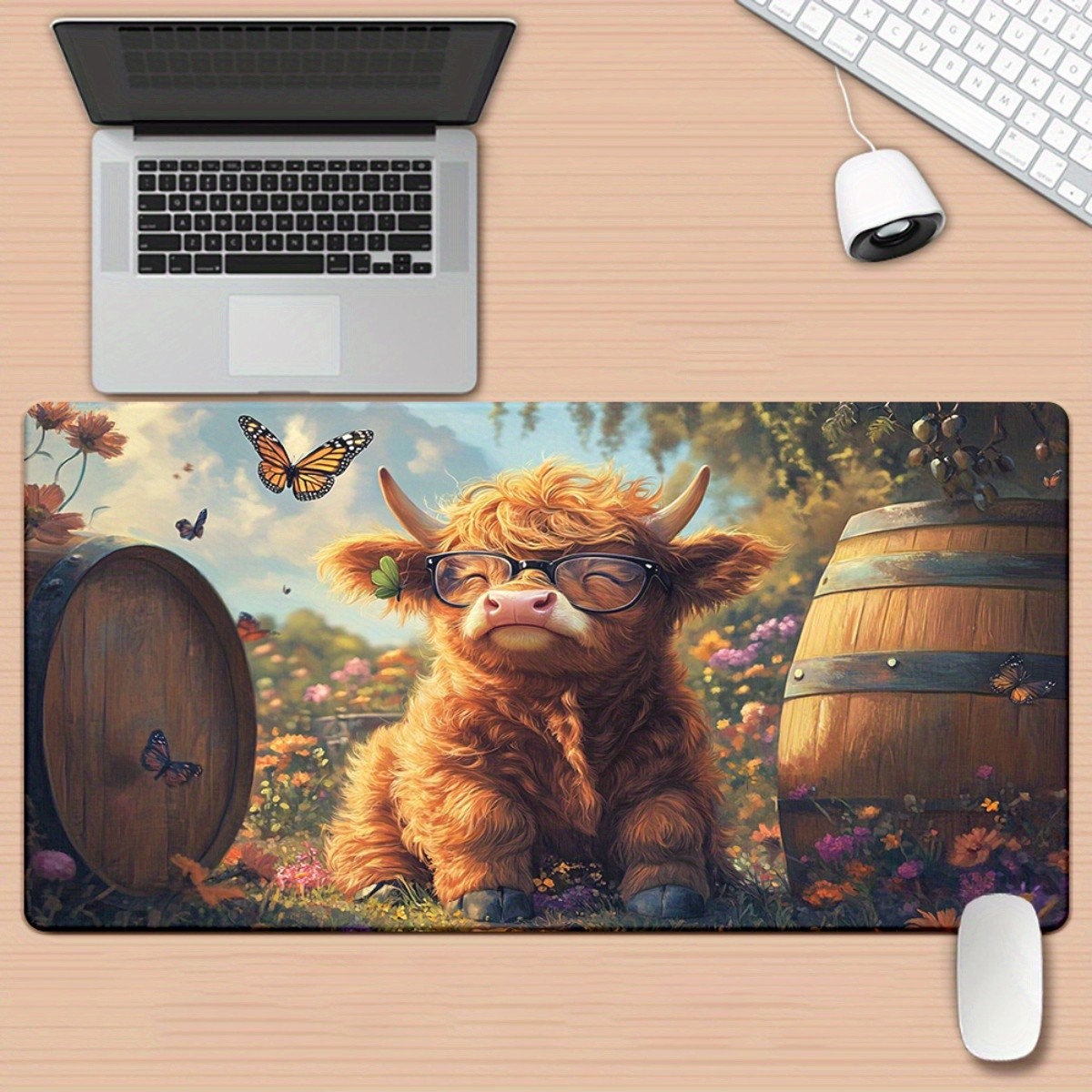 1pc Highland Cow with Colorful Background HD Printed Desk Pad, Non-Slip Rubber