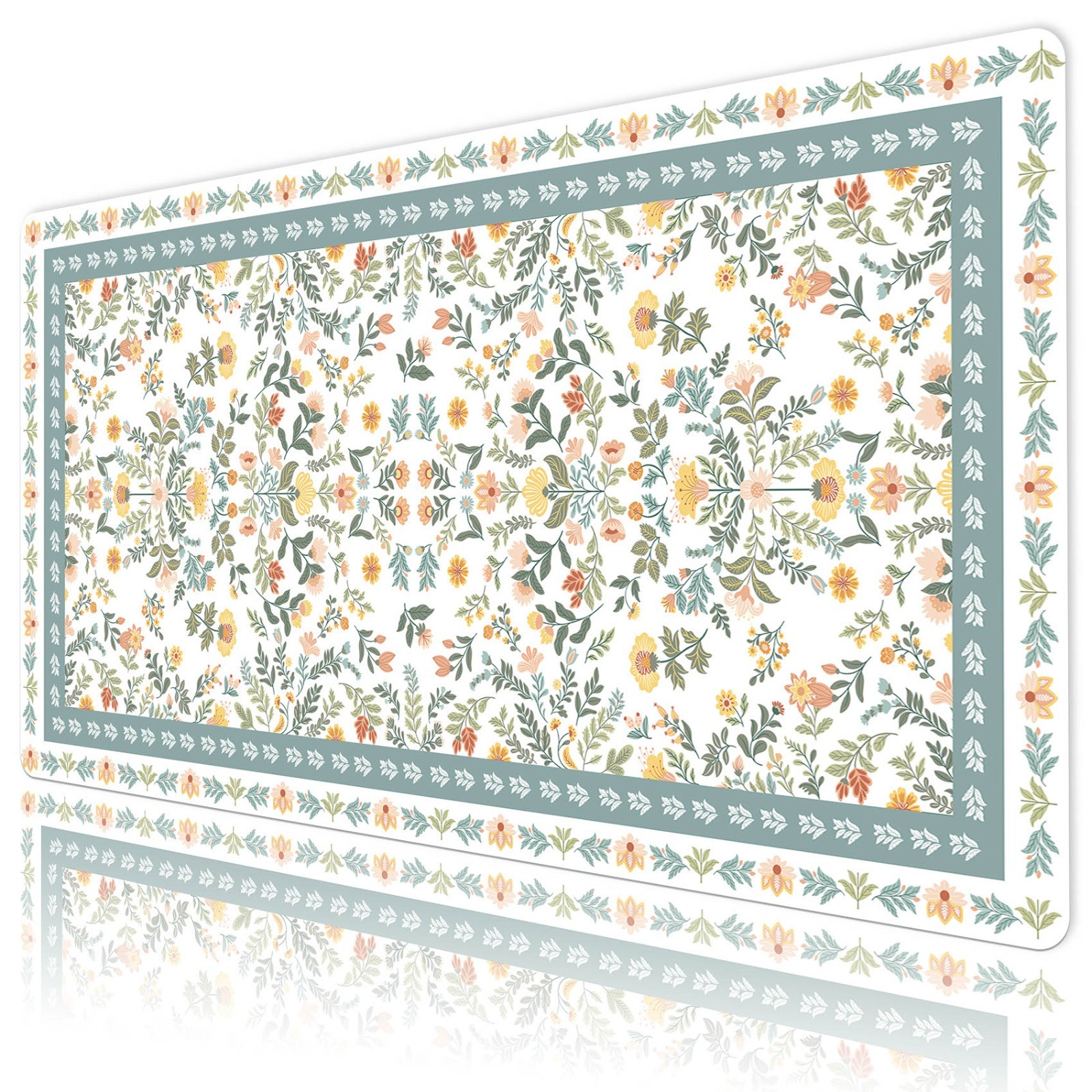Spring Botanical Pink Floral Blue Boho Desk Mat for Keyboard and Mouse Desk Pad