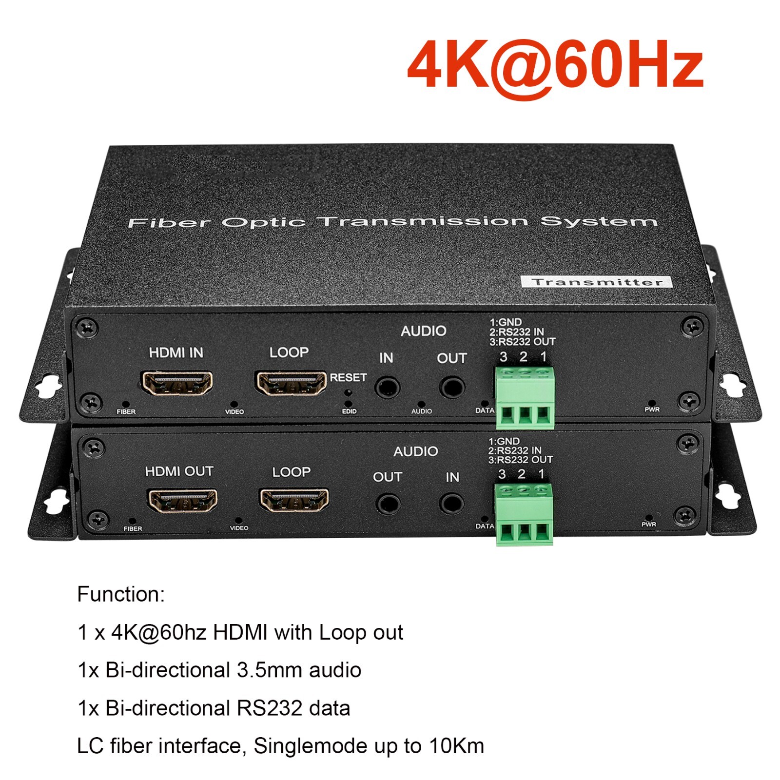 4K 60Hz Ultra HD HDMI over Fiber Converter with RS232 3.5mm Audio Uncompressed