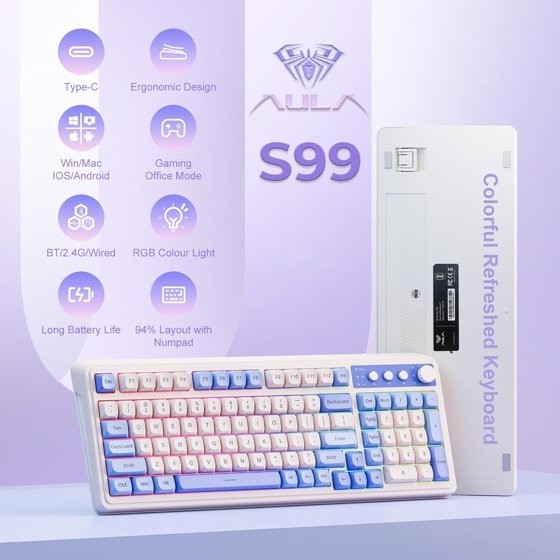 AULA S99 99-Key Wireless RGB Gaming Keyboard White Green Tri-Mode Knob