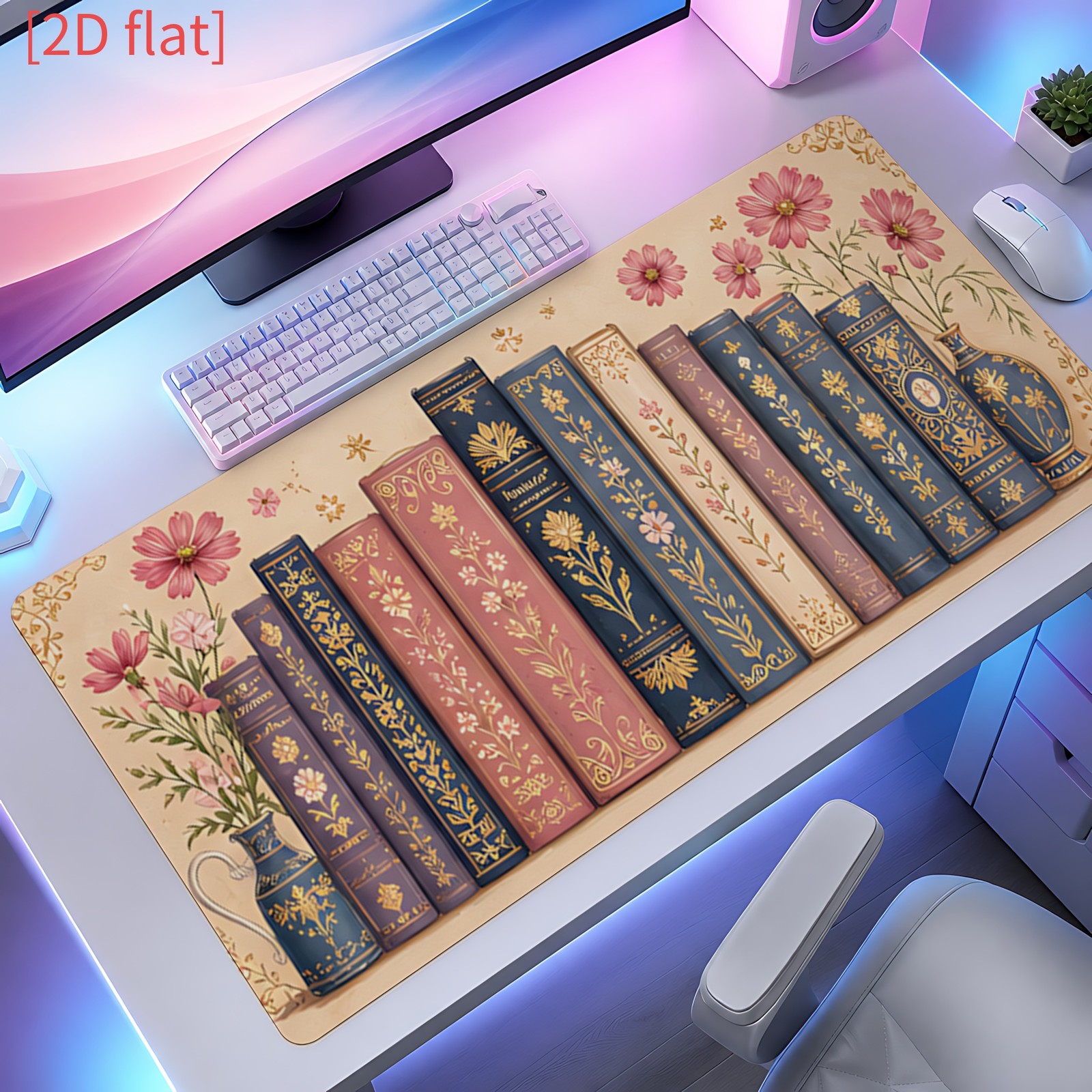 Pink And Blue Vintage Book And Floral Pattern Mouse Pad, Non-Slip, Suitable fo