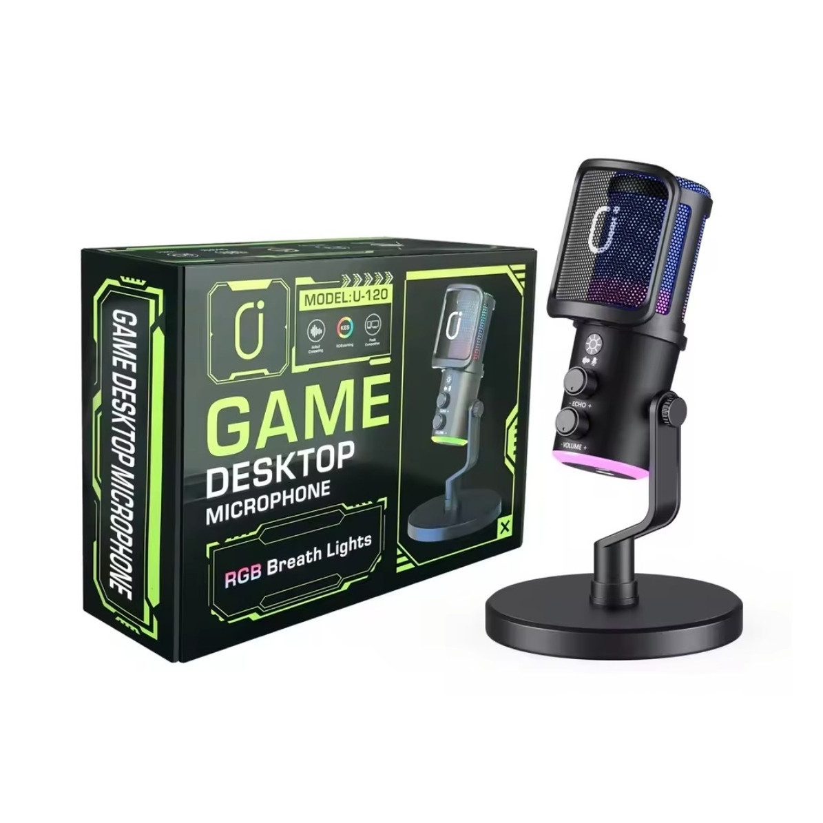 U-120 USB Desktop Microphone RGB Breath Lights, Mute, Echo, Volume, Black