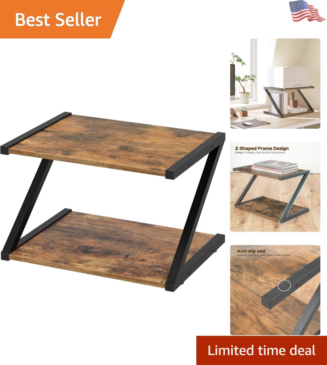 Modern Z-Shaped Printer Stand with Open Shelves - Ideal for Home Office Use