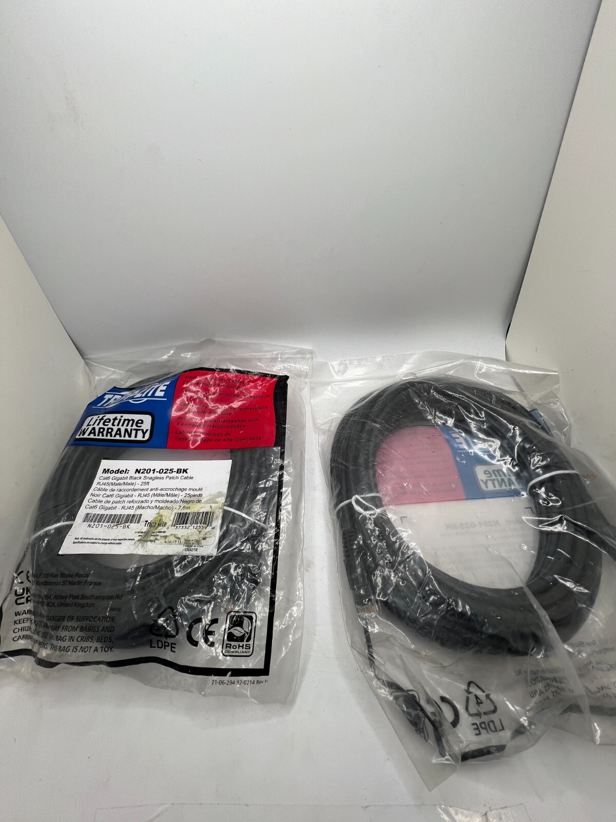 Qty 2 Tripp Lite CAT6 Gigabit Snagless Patch Cable 25ft N201-025-BK RJ45 M/M