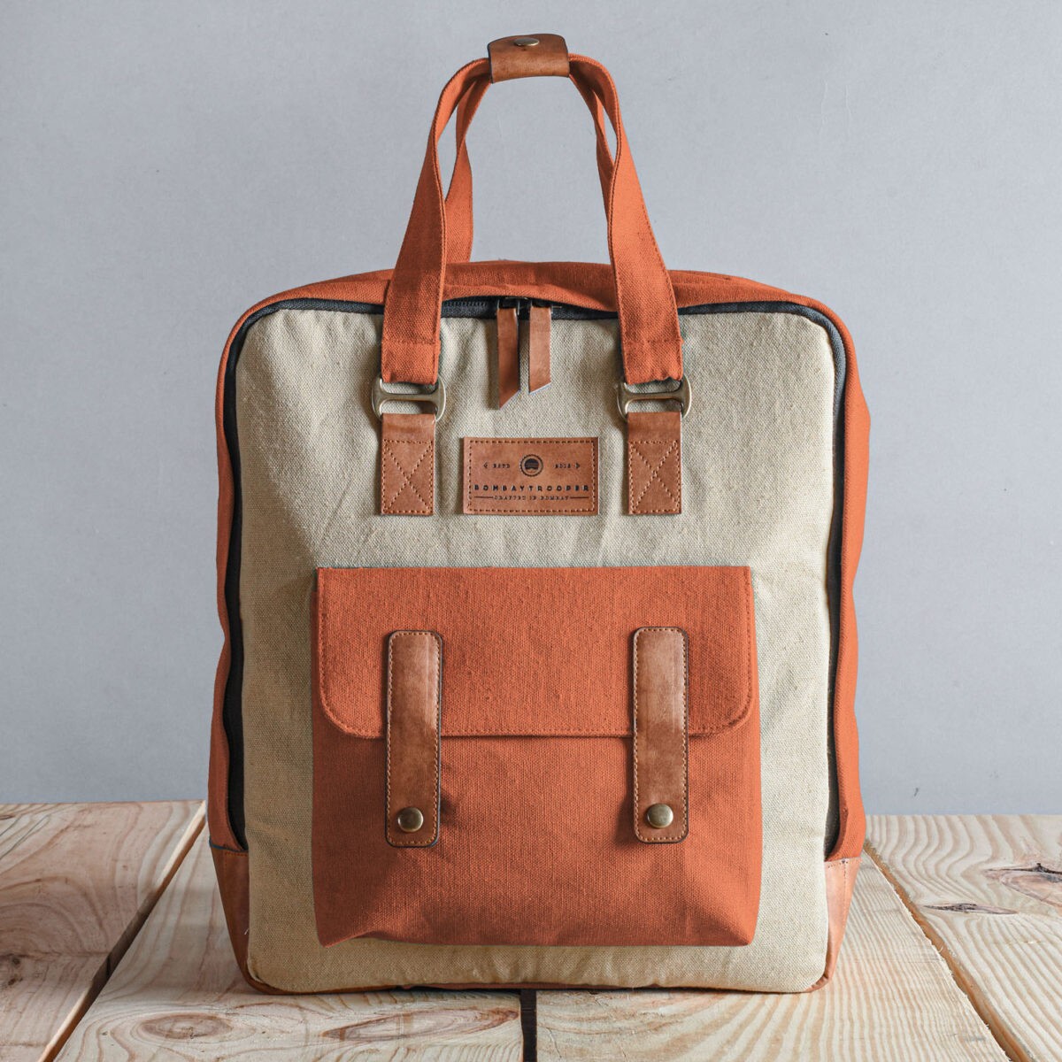 ORANGE & BEIGE MINITROOPER DAY PACK – COTTON CANVAS LAPTOP BAG WITH ORGANIZER