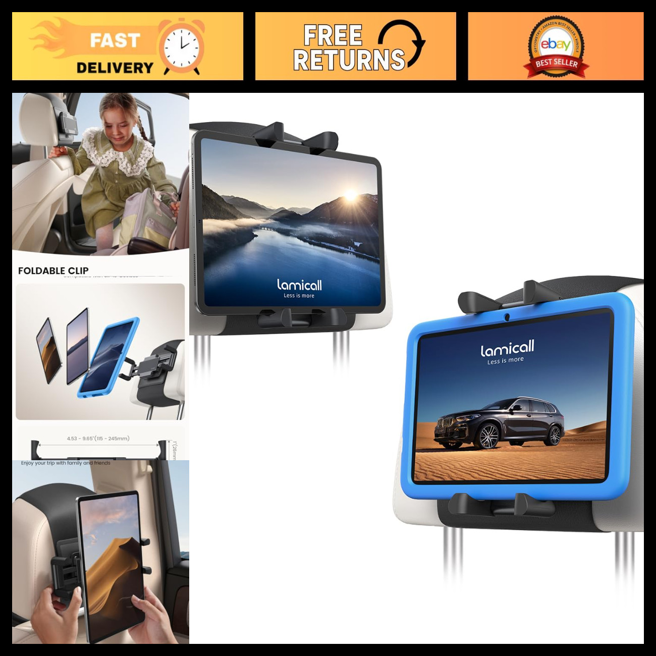 2 Pack Car Headrest Tablet Holder, Adjustable & Thick Case Friendly Stand