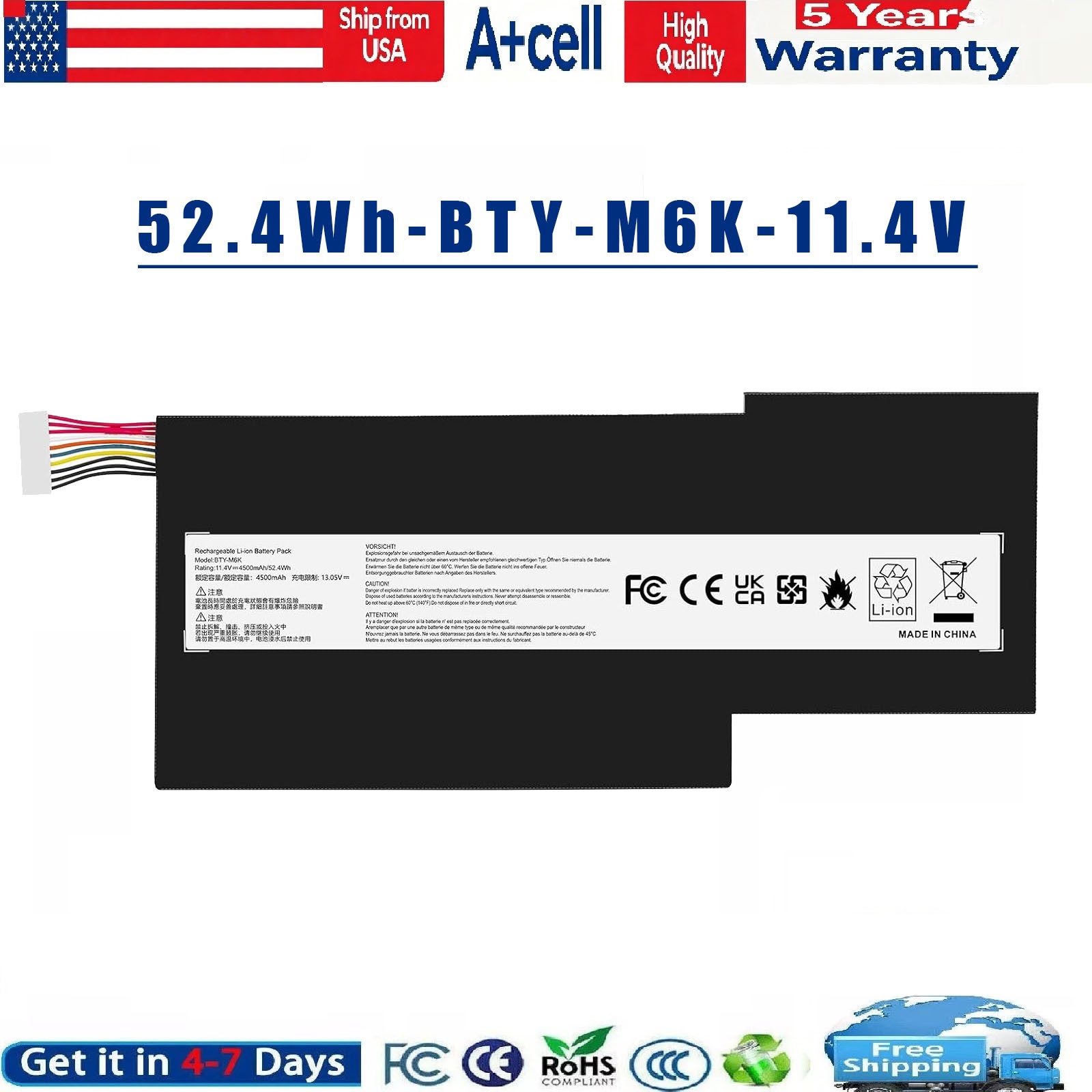 BTY-M6K Battery For MSI GF63 Thin 8RD 8RC 9SC GF75 Thin 3RD 8RC 8RD 9SC 52.4Wh