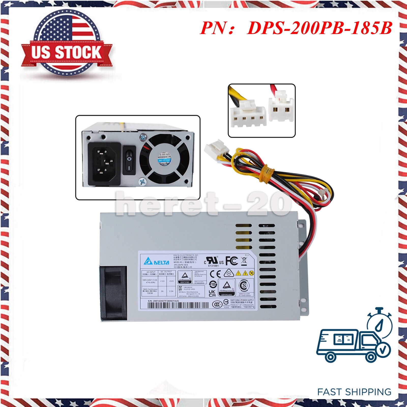 New 190W Delta Power Supply DPS-200PB-185 B AC 100-240V 3.5A 47-63HZ US Stock