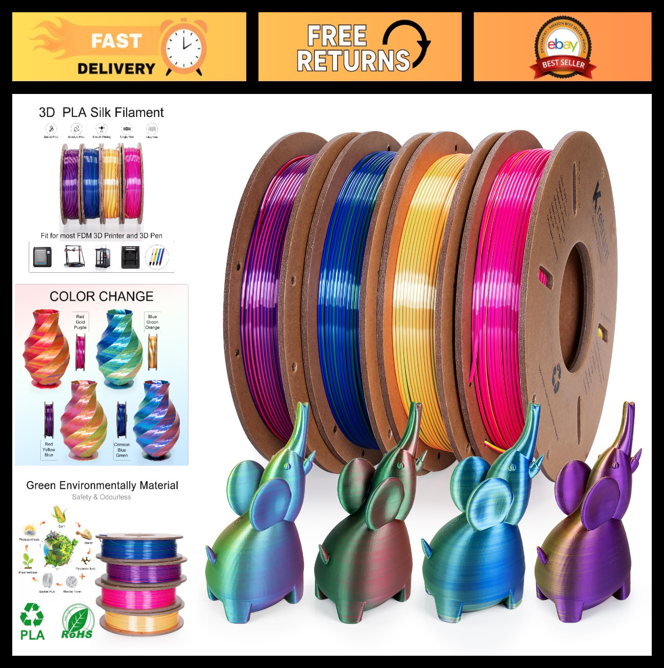 Color Changing 3D Printer Filament Bundle 1.75mm - Multicolor PLA Pack of 4 Spoo