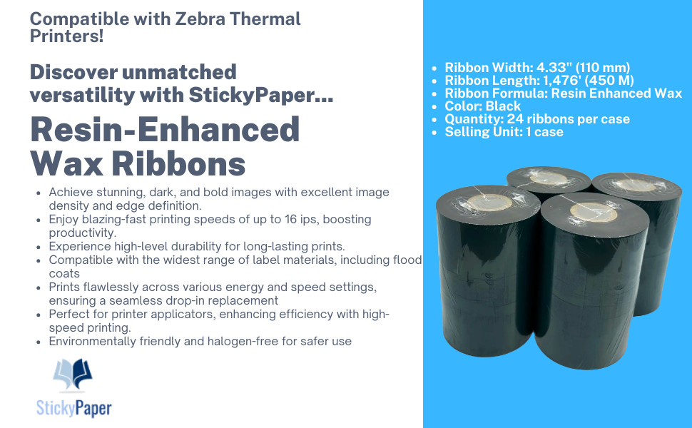 4.33 x 1476 Resin-Enhanced Wax Thermal Ribbon for Zebra Printers (1 case of 24)