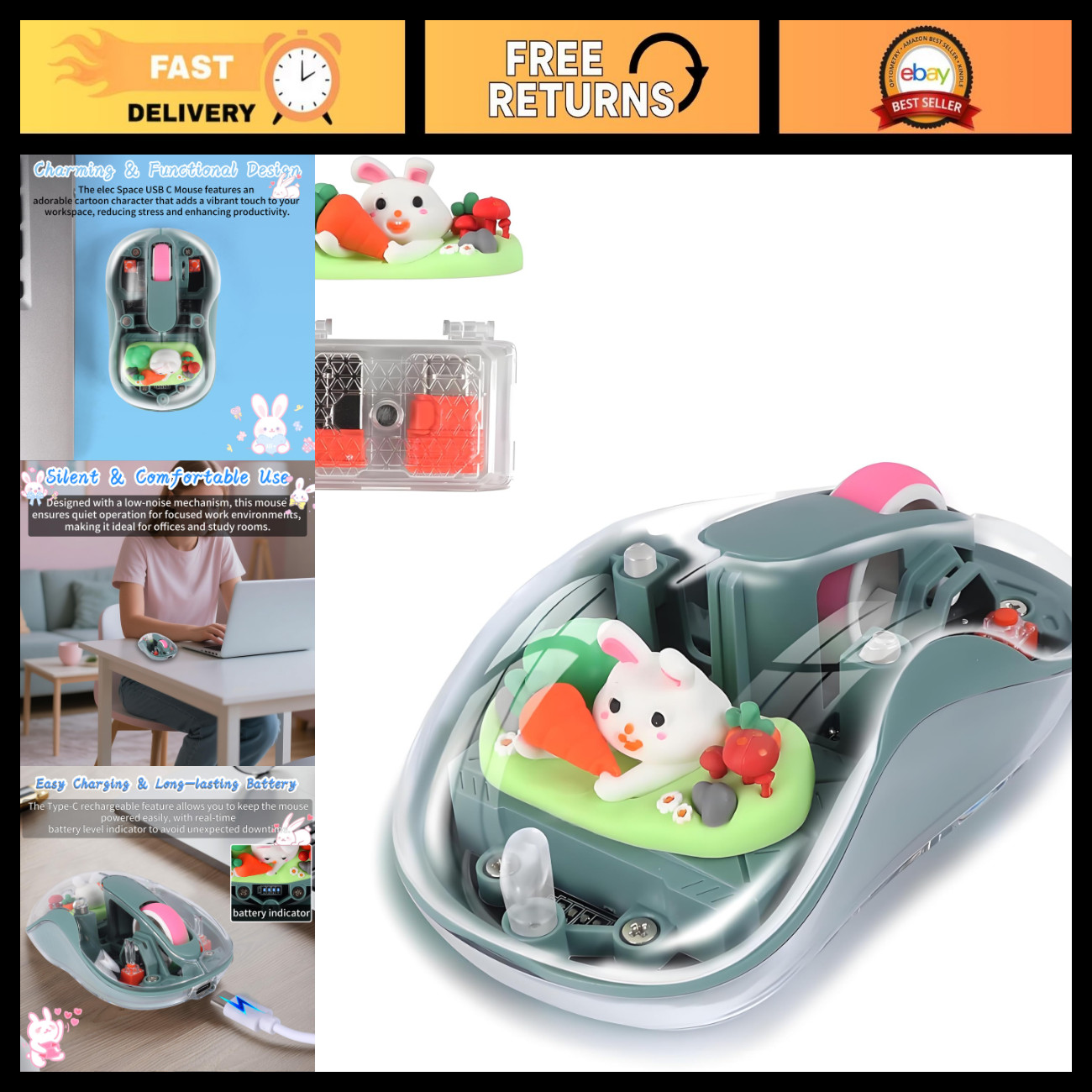 Cute Wireless USB C Mouse - Bluetooth Triple Mode Rechargeable Cartoon Design, S