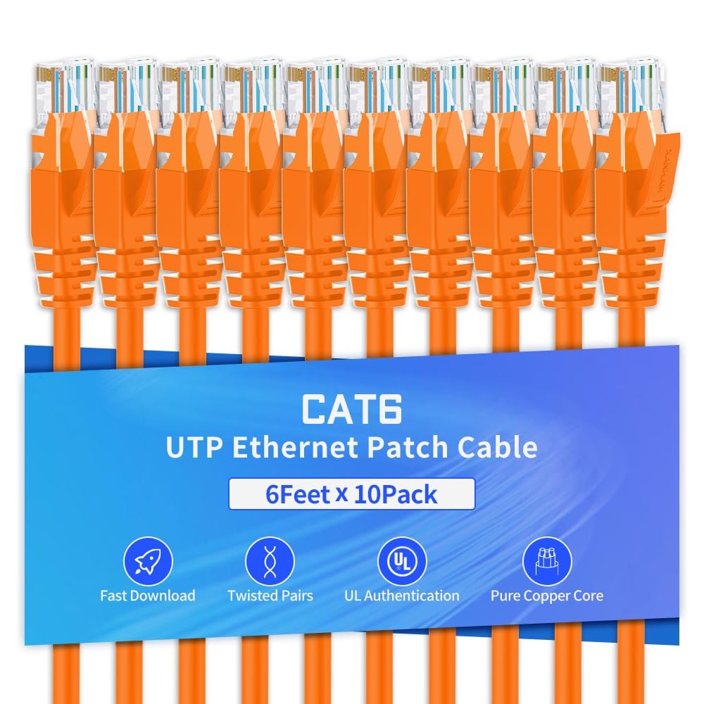 Cat6 Ethernet Patch Cable 6 FT Unshielded Network RJ45 Orange Cord 10 PCS
