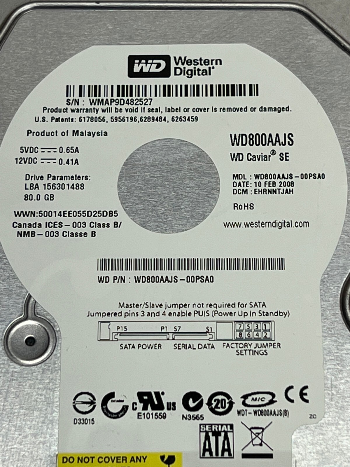 WDC WD800AAJS -  80GB 7200 RPM  SATA 3.5" Hard Drive