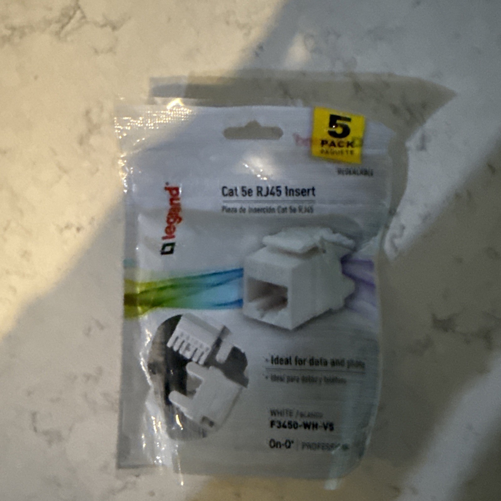 (PACK OF 5) LEGRAND F3450-WH-V5 F3450WHV5 DATA/PHONE JACK On-Q Cat 5e RJ45