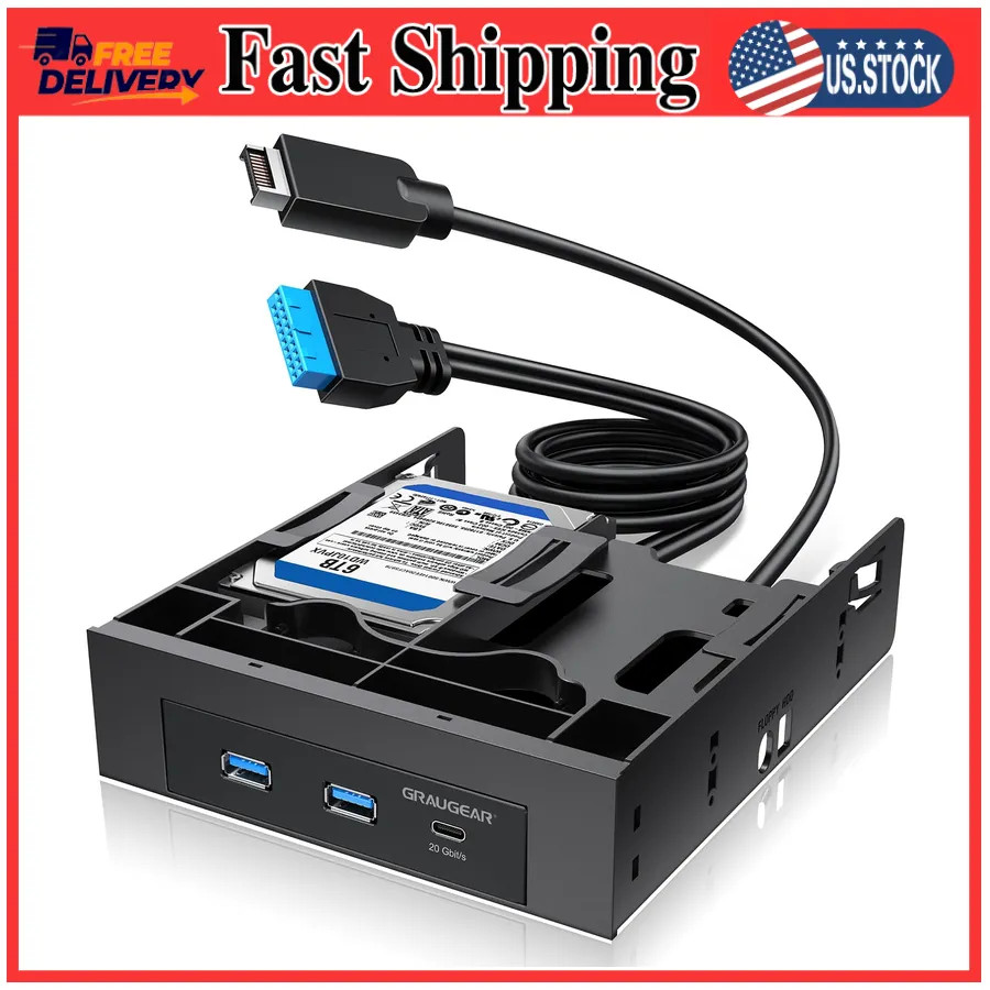 GRAUGEAR 5.25 Internal USB Hub Front Panel USB-C 20Gbps 2X USB-A Dual HDD Bays