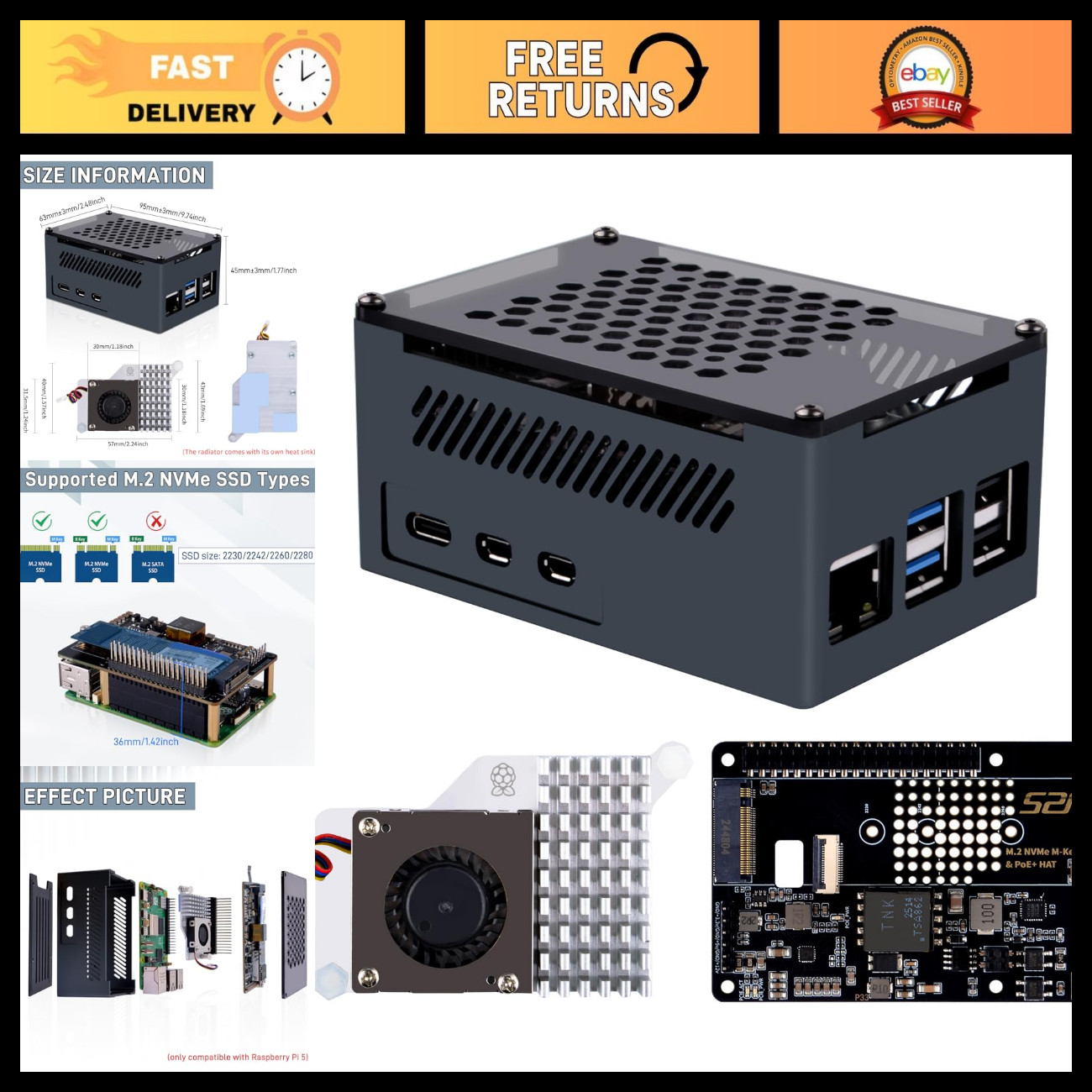 M.2 NVMe M-Key PoE+ Hat for Raspberry Pi 5 with Active Cooler & Aluminum Case, S