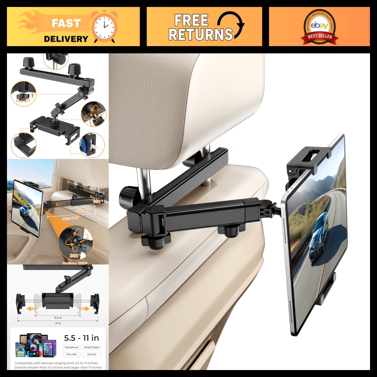 Universal Car Headrest Tablet Holder, Lockable 3-in-1 Arm, 360° Rotation, Adjust