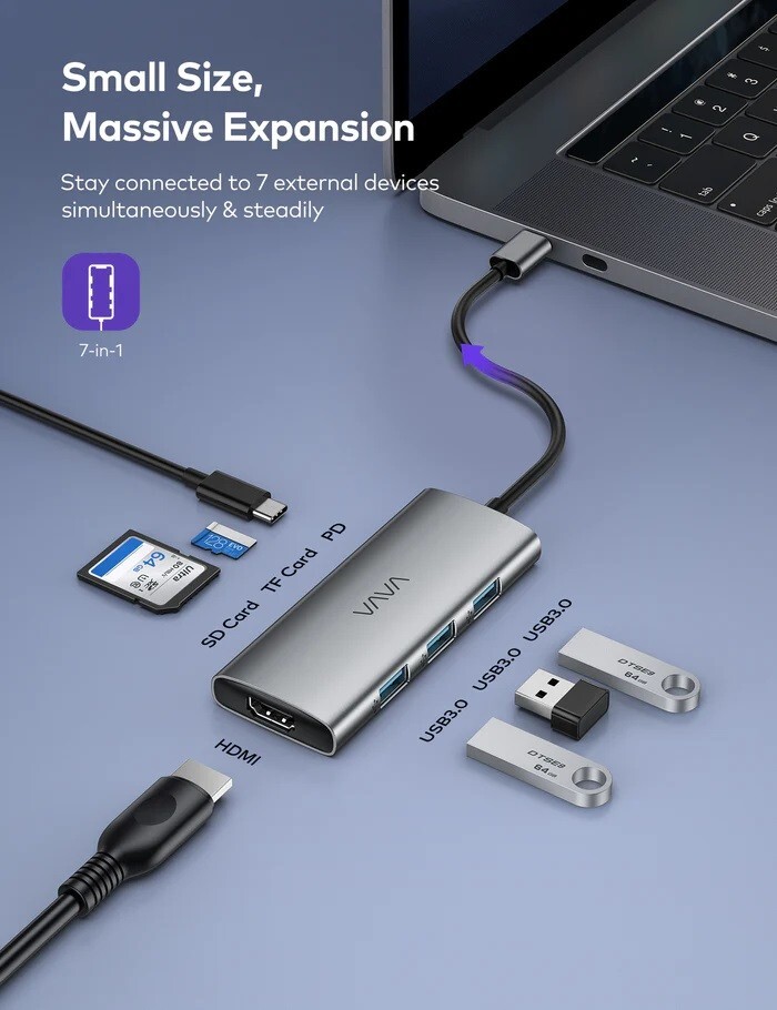 VAVA 7in1 USB C Hub Adapter 100W Power Delivery Charging Port HDMI MacBook Pro